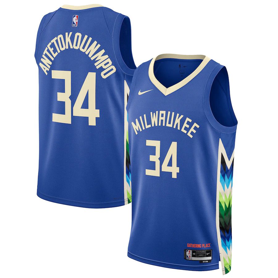 Men Milwaukee Bucks 34 Giannis Antetokounmpo Nike Royal City Edition 2022 23 Swingman NBA Jersey